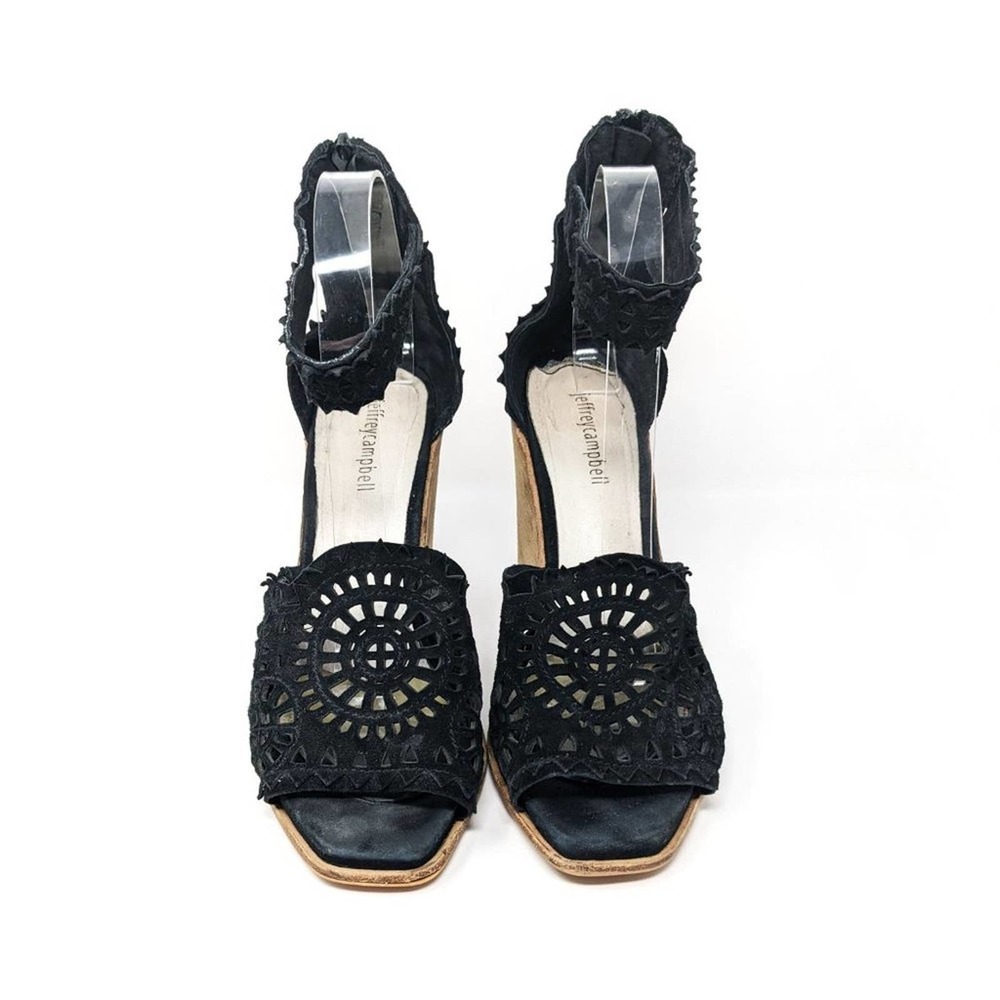 Jeffrey Campbell Womens 10 Del Sol Black Ankle Strap Open Toe Wedge Wood Sandals - Picture 5 of 11
